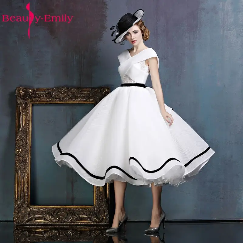 2017 New Design A-line White and Black V-Neck Sleeveless Backless Tea-length Sashes Party Eveing Dress Prom Dresses