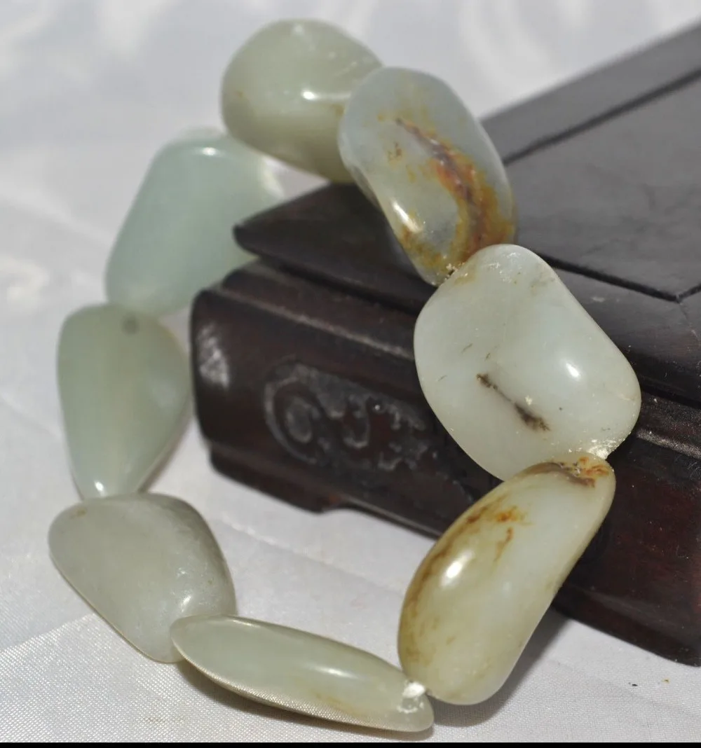 

002014 Chinese Vintage Old Hetian Jade Big Fortune Irregular Shaped Bracelet (A0427)