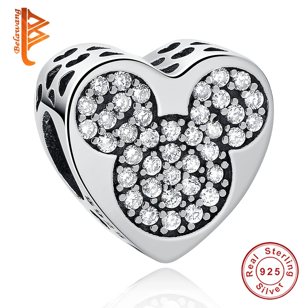 

BELAWANG 925 Sterling Silver Charms Mickey Heart Clear CZ Beads Fit Original BW Charms Bracelet DIY Women Fashion Jewelry