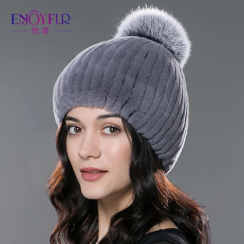 Женская вязаная шапка с помпоном ENJOYFUR зимняя из лисьего меха|fur zebra|fur hat menfur patterns |