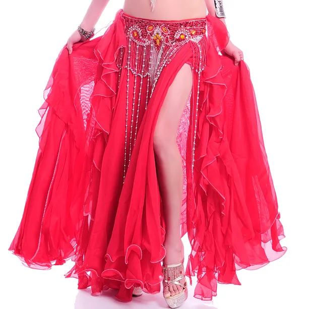 Костюм для танца живота 2 слоя с разрезом юбка платья профессиональная юбка для танца живота Новинка 12 цветов - Цвет: Красный