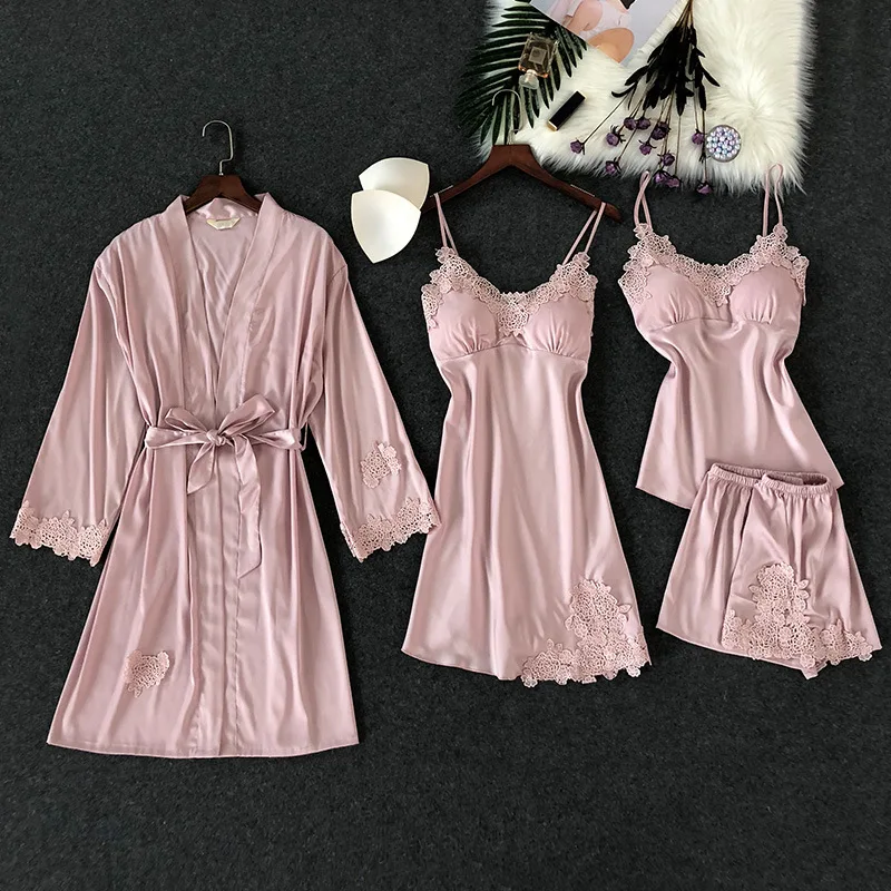 

Women Pajamas 4 Pieces Satin Sleepwear Pijama Silk Home Wear Home Clothing Embroidery Sleep Lounge Pyjama with Chest Pads