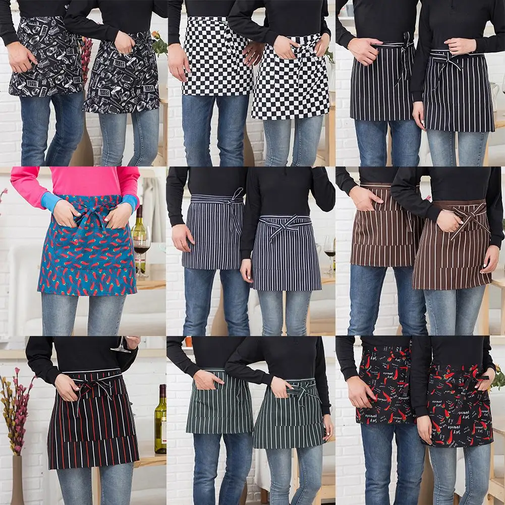 

Striped Plaid Half-Length Short Waist Apron with Pocket Catering Chef Waiter Bar Household Cleaning Accessories