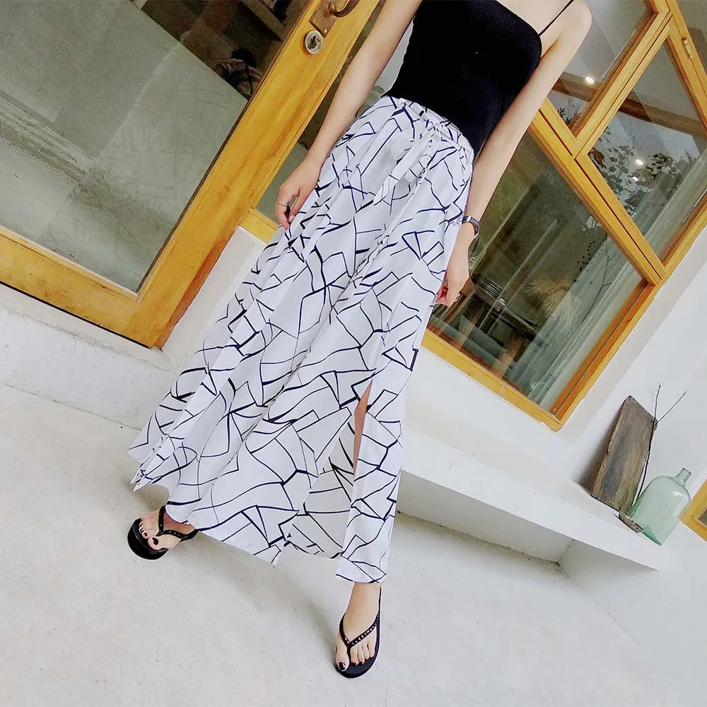 White Geometric Uwback; Летние шифоновые широкие брюки Для женщин с цветочным геометрическим узором с высокой талией с принтом повязки пляжные модные элегантные Винтаж TQB002 - Цвет: White Geometric