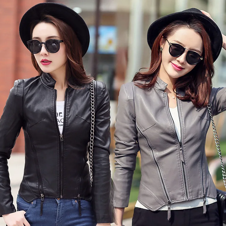 Couro PU casaco de couro vestuário feminino projeto short slim mulheres jaqueta de couro cinza mulheres moda de nova 2017