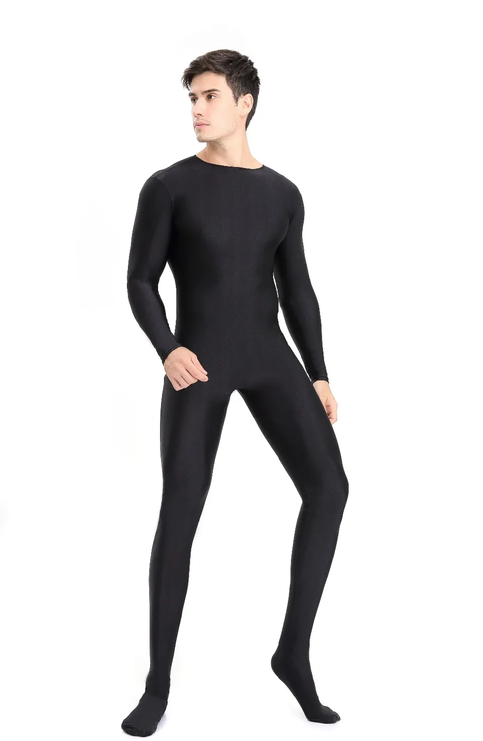 Mens Full Body  Spandex Zentai Suit Black Long Sleeve Unitard Adult Zipper Back Black Footed Cosplay Bodysuit Costumes