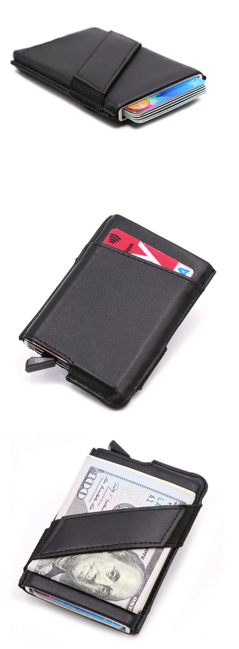 Алюминиевый кожаный бумажник держатель ID, визитной карточки Rfid Блокировка тонкие металлические кошельки автоматический скользящий чехол для кредитных карт