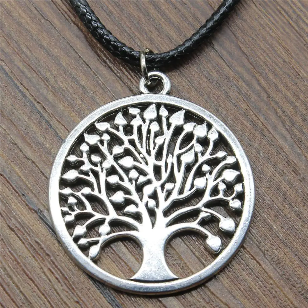 

Vintage 2019 Leather Chain Necklace Pendant 38x34mm New Round Tree Of Life Antique Silver Color Necklace Vintage Accessories