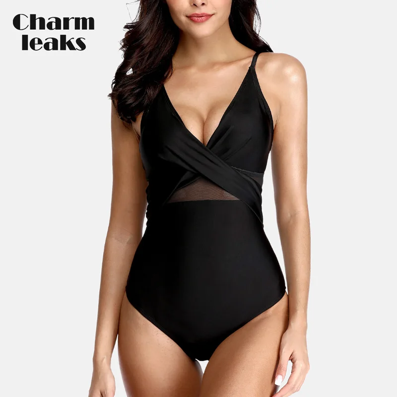Женский цельный купальник Charmleaks с глубоким v-образным вырезом, лоскутный купальник из креста, сексуальный купальный костюм, монокини - Цвет: Black