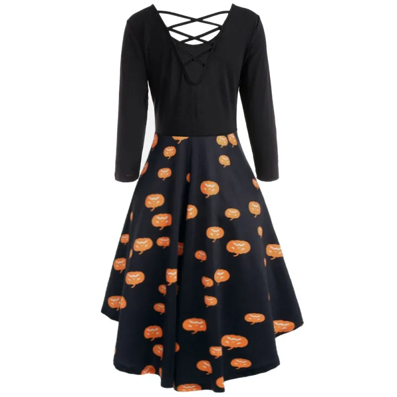 Halloween Party Clothing Women Fashion Long Sleeve Print Dresses Y9