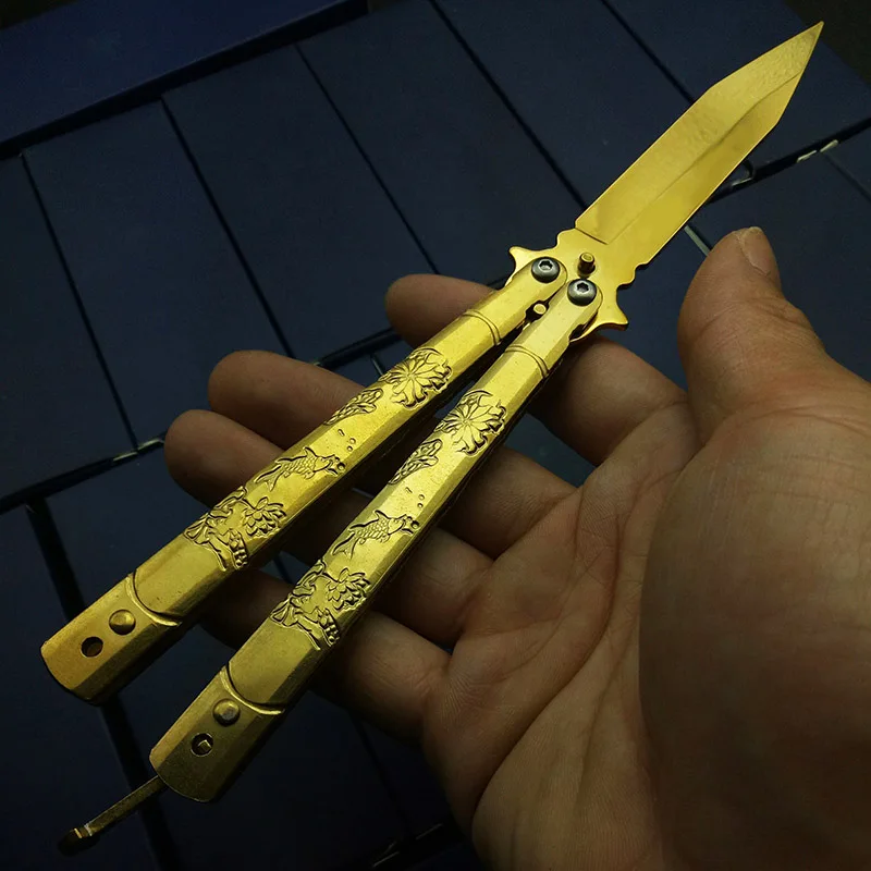 8," дюймовый нож-бабочка в форме лотоса, красивый нож для гравировки, тренировочный нож, инструменты для практики, Радужный цветной Золотой титановый нож высокого качества для повседневного использования