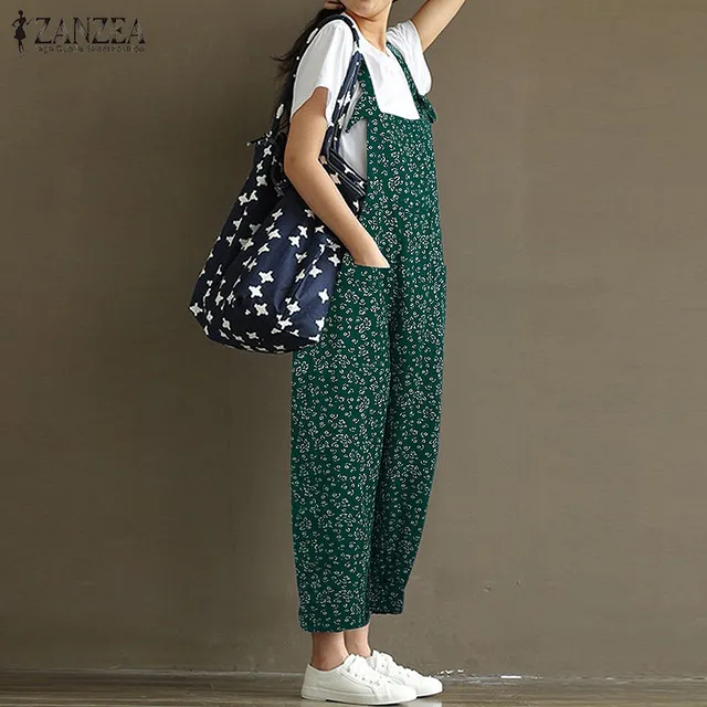 L-5XL ZANZEA Women Oversized Strappy Jumpsuit Casual Long Romper Ladies Floral Print Loose Suspender Overalls Dungaree Bib Pants 1