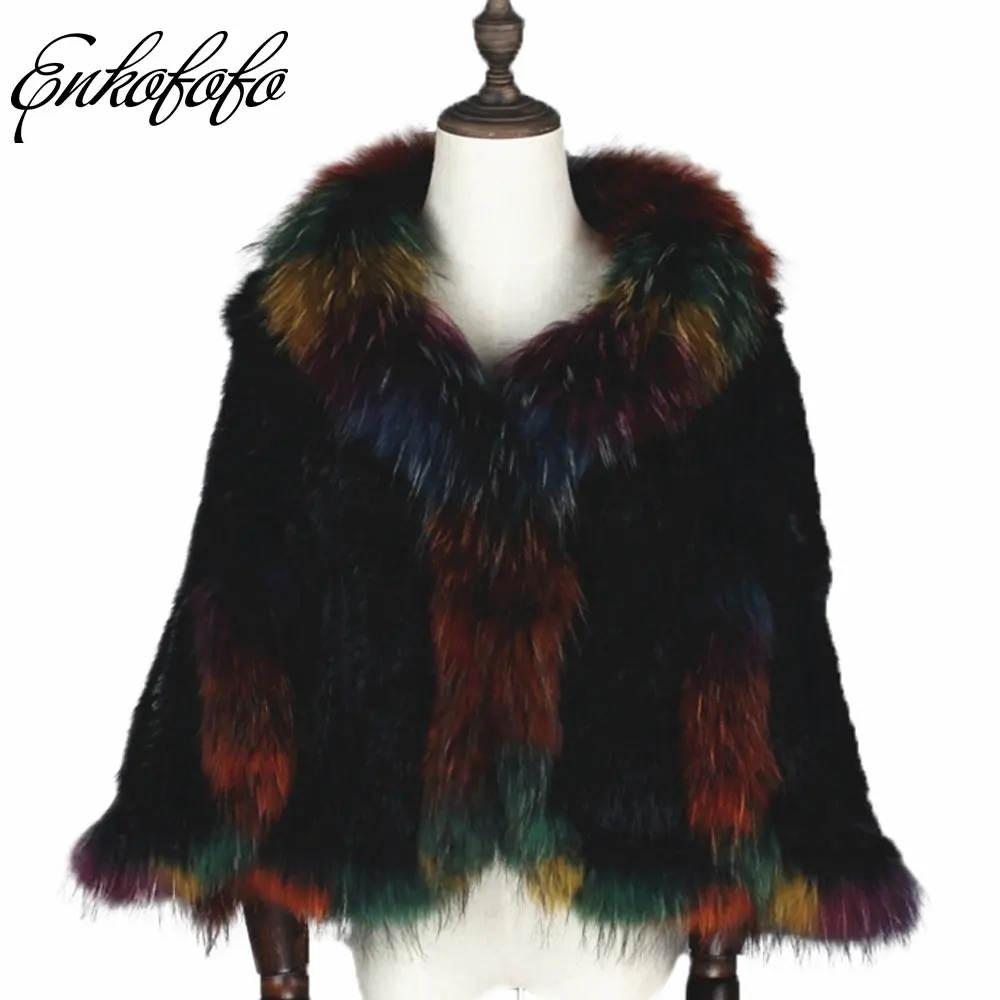 

2019 New Winter Women Luxury Knitted Genuine Rabbit Fur Coat Raccoon Fur Poncho Cape Loose Real Fur Knitting Wraps Shawl Coat