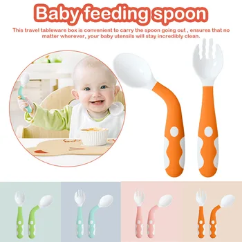 

2Pcs Toddler Babies Feeding Training Tableware Easy Grip Heat-Resistant Baby Utensil Bendable Spoon Fork Sets