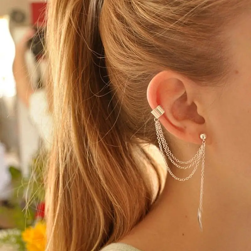 

New Fashion Cross Charms Metallic Wrap Ear Cuff Earrings Women Girl Punk Rock Leaf Chain Tassel Dangle Cuff Clip Earrings