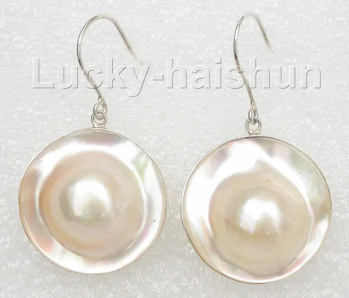 

Hot selling free shipping******** AAA natural rare 22mm white South Sea Mabe Pearl Earrings 925sc Dangle j7802