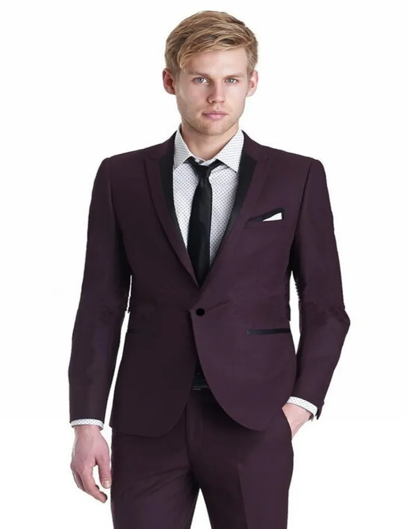 

Slim Fit Groomsmen Peak Lapel Groom Tuxedos Burgundy Mens Suits Wedding Best Man (Jacket+Pants+Tie+Hankerchief) B732