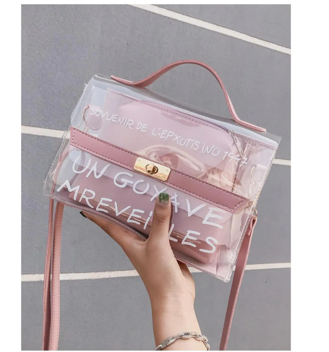

Women Jelly Letter Pattern Handbags Beach Transparent PVC Messenger Bag Clear PU Crossbody Bag Flap Girl Printing Bags Candy