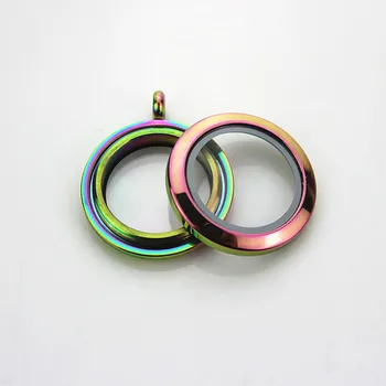 

Free shipping!Fashion charm rainbow 25mm round plain stainless steel screw glass memory floating locket pendant