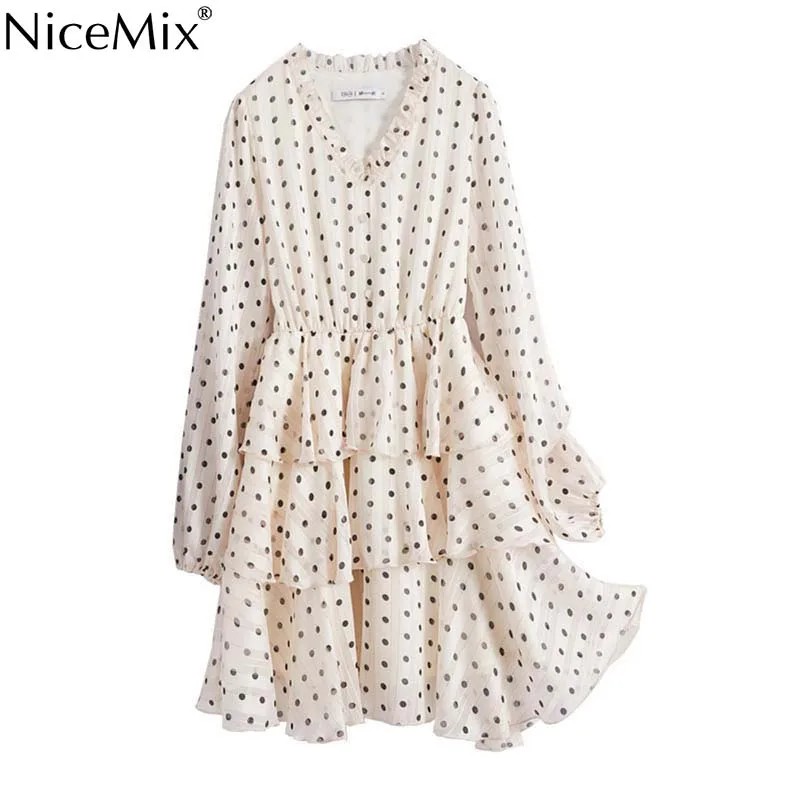 

NiceMix 2019 New Spring Summer V-collar Long Sleeve Apricot Dot Printed Ruffles Temperament Irregular Dress Women Fashion