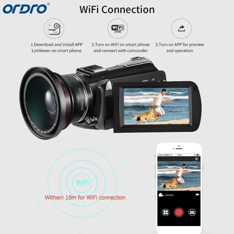 Ordro AC5 4K UHD цифровые видеокамеры FHD 24MP WiFi ips Zoom 12X сенсорный экран цифровой оптический DV видеокамеры HDMI