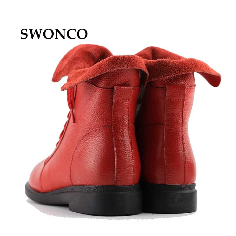 Women's Boots Ankle Boot Genuine Leather Lace Up Winter Boot Ankle Boots For Women Genuine Leather Low Heel Female Shoes Women's Shoes