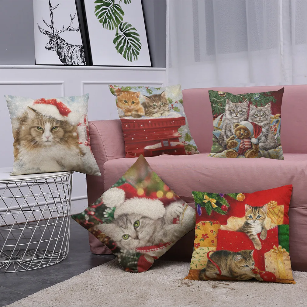 45* 45cm Cat Christmas Cotton Linen Throw Pillow Cushion Cover Car Home Decor Bed Sofa Decorative Pillowcase funda cojin 807