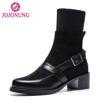 

FITWEE Shoes Woman Women High Heel Boots Real Leather Metal Buckle Mid Calf Boots Women Shoes Ladies Footwear Size 34-39