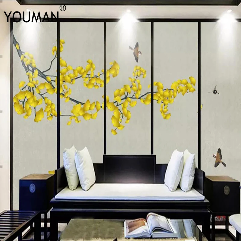 

Wallpapers YOUMAN 3 d Custom Modern Photo Wallpaper Ginkgo Biloba Wallpaper Yellow Wall Papers Mural Home Decor Flower Decor