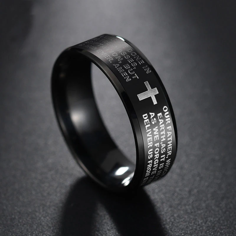

Black Men Ring Stainless Steel Men's Bible Cross Rings for Women Men Jesus Religious Jewelry Letters Lord Prayer Horde Accessory