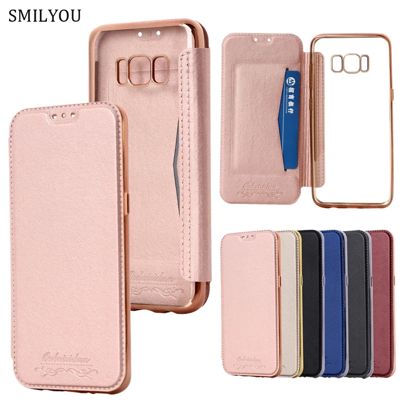 

SMILYOU Clear Plating Smart Flip Phone Case For Samsung Galaxy S9 S8 Plus Case for S7 S6 Edge For A3 A5 2017 J3 J5 A7 2016 Case
