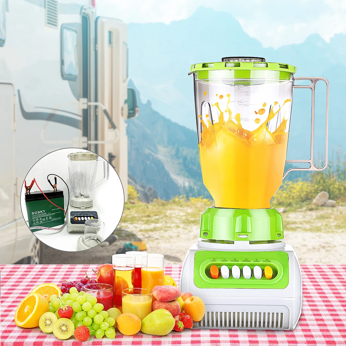 

1.5L DC 12V Cars 14x20x24.5cm Removable Juicer Mixer Juice Maker With Mill Jar Coffee Grinder For RV 4 Speed Motor with 6 Button