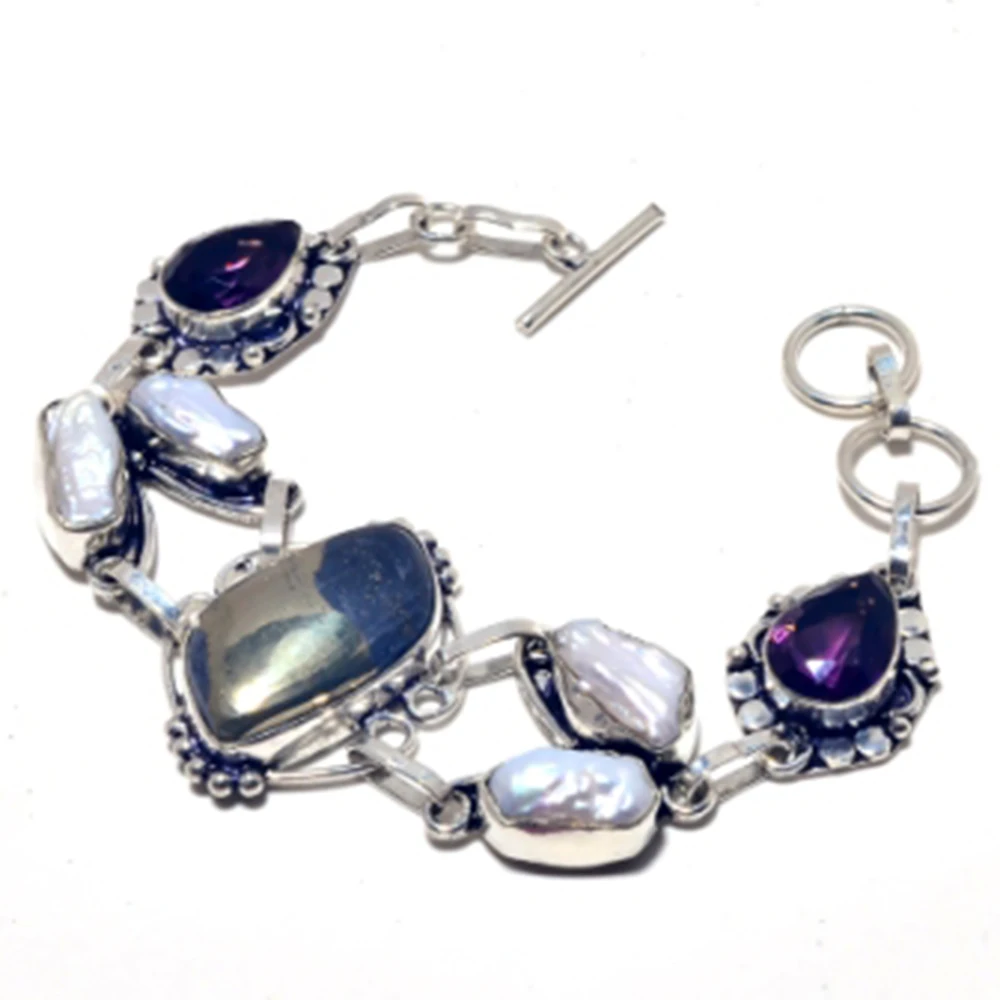 

Pyrite,Biwa Pearls Bracelet Silver Overlay over Copper, 19cm , FRB0034