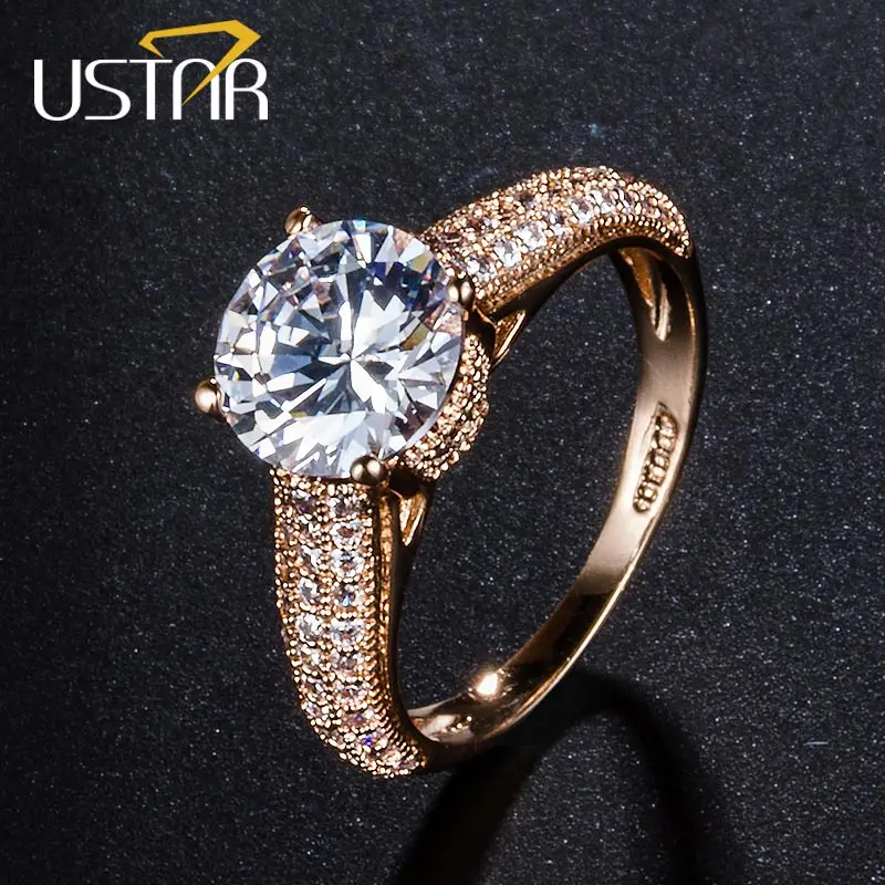 USTAR 1.25ct 7mm AAA Zircon wedding Rings for women Jewelry Rose Gold color Crystals engagement rings female Anel top quality