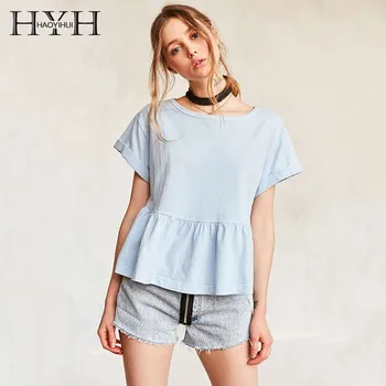 

HYH Haoyihui Europe And America Stylish Simplicity Stitching Ruffle Cute College Style Wild Round Neck Solid Color Doll Shirt