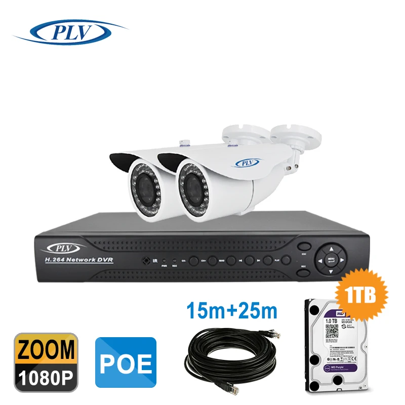 1080P POE NVR Kit 4 Ch POE NVR 2 Bullet IP POE Camera Outdoor 2.812mm