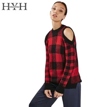 HYH HAOYIHUI Off Shoulder Crew Neck Plaid Knitted Sweaters Casual Long Sleeve Tricot Pullovers 2017 Autumn Winter Women Sweaters