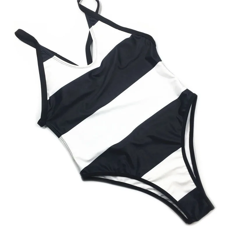 Белый черный полосатый купальный костюм, сдельный купальник, на шнуровке, монокини, бандаж, купальник для женщин, Maillot De Bain, трикини, боди - Цвет: E