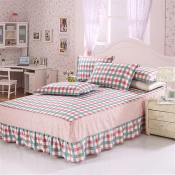 

Modern simple 3pc red stripe plaid bedspread 100%cotton pink bed skirt pillowcase bedding bed sets elastic mattress full size