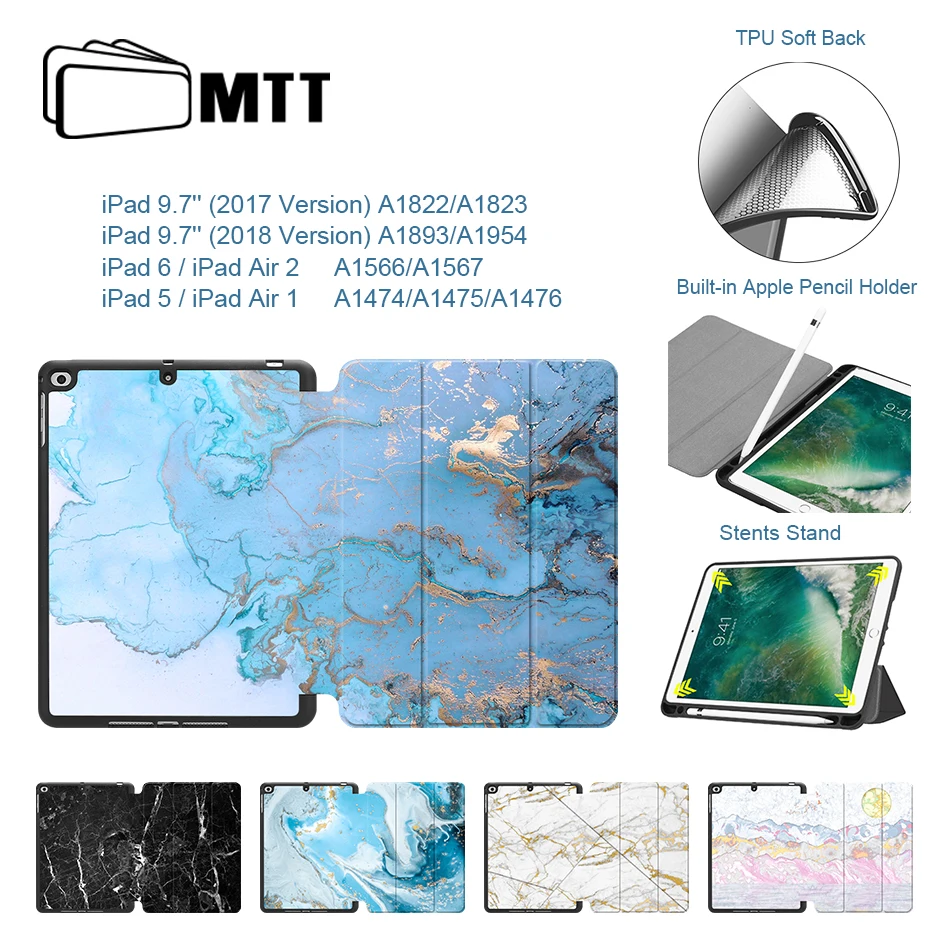 

MTT Case For Apple iPad 9.7 inch 2018 Soft TPU+PU Leather Flip Smart Cover for iPad Air 1 Air 2 9.7'' Marble Texture Tablet Case