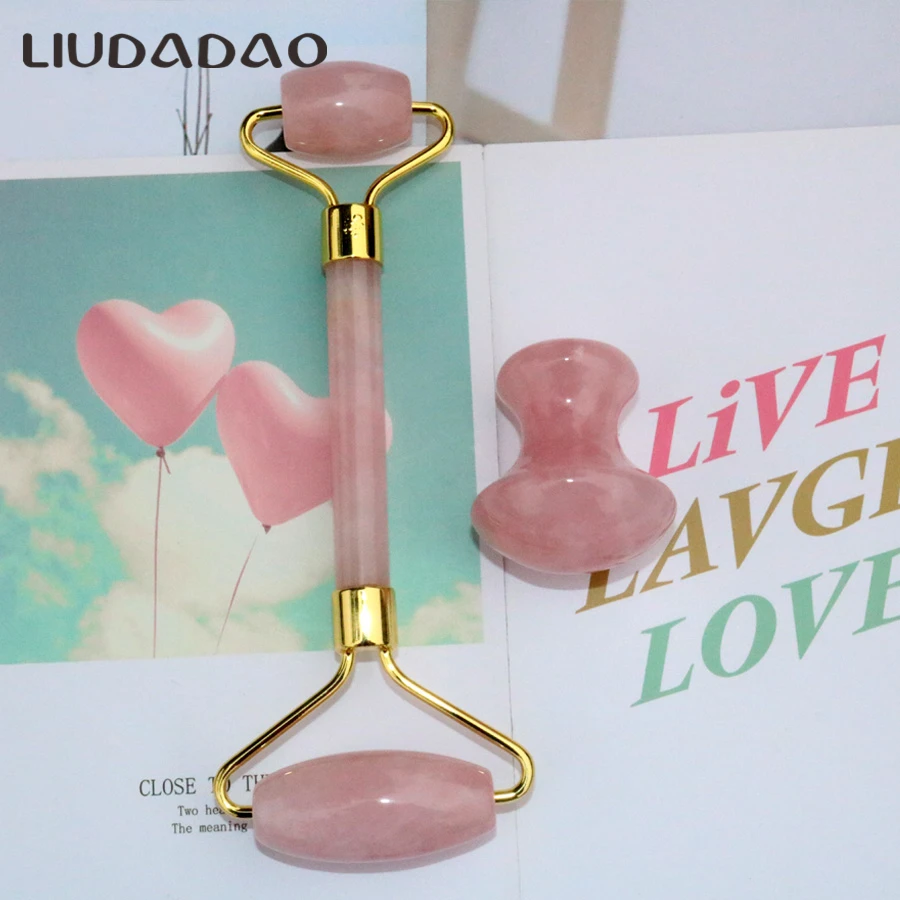 

Rose Quartz Crystal Face Massager Set Jade Facial Rollers Mushroom Head Neck Back Body Skin Care Massager Tools Beauty Health