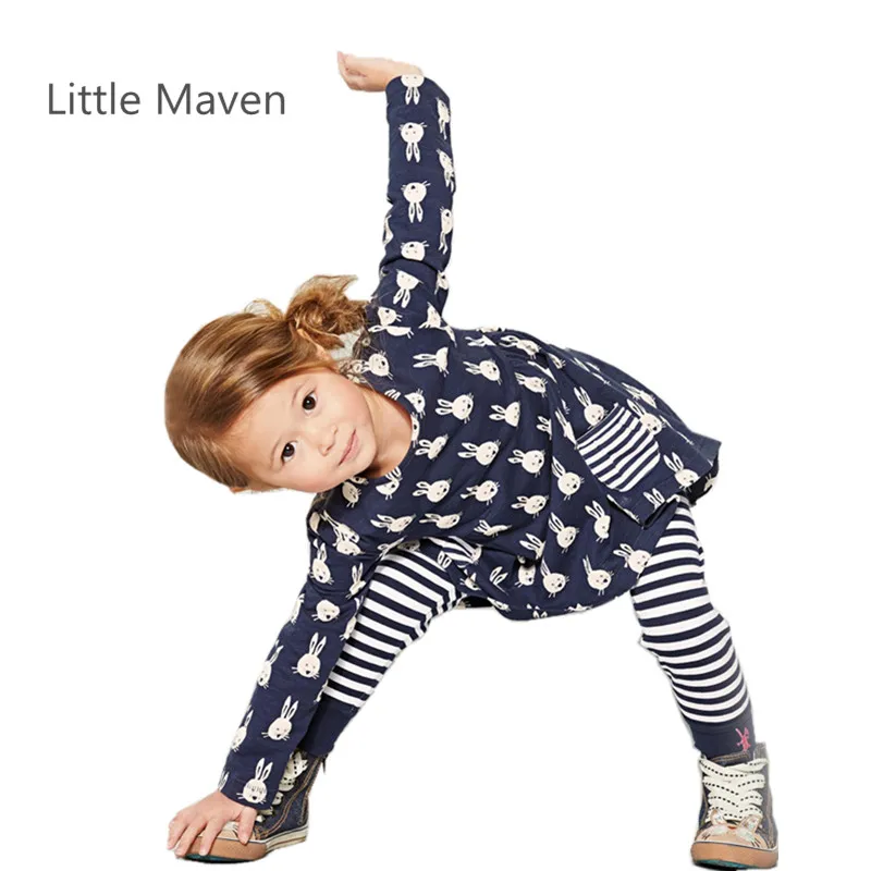 

Little Maven Brand New Girls Autumn Spring Long-sleeved O-neck Fashion Rabbits Printed Cotton Cute Casual Dresses