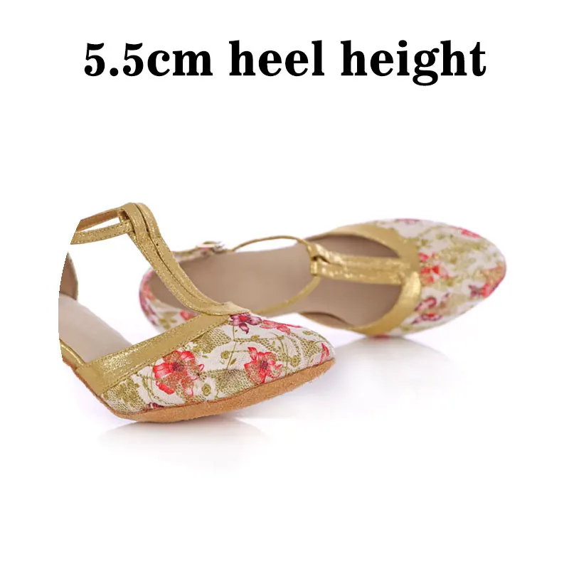 Женские современные танцевальные туфли с цветочным принтом; вечерние танцевальные туфли с закрытым носком для танго и сальсы; танцевальные туфли на каблуке - Цвет: 5.5cm-Gold