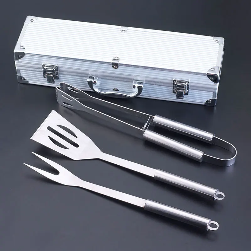 3 pcs Stainless Steel BBQ Set w/ Aluminum Carrying Case Barbecue Grilling Tool BBQ Fork+BBQ Tongs+BBQ Spatula