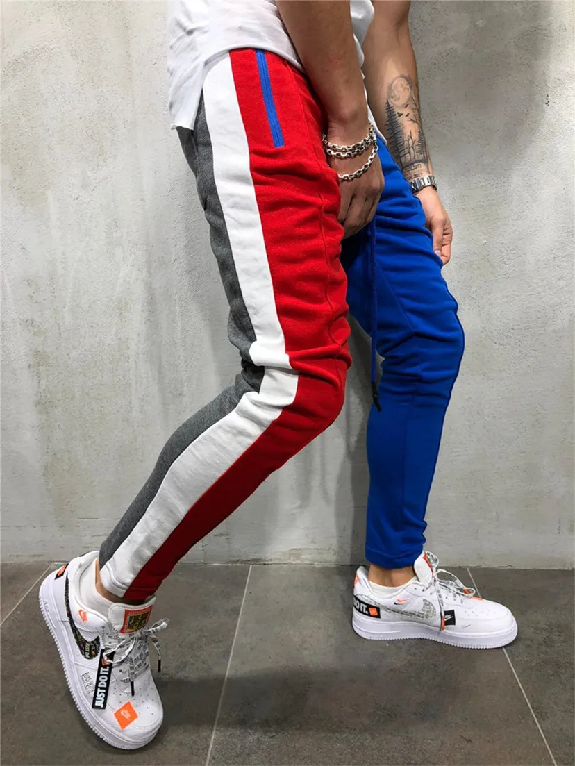 Мужские обтягивающие спортивные штаны с завязками, полосатые спортивные штаны, Цветные Лоскутные штаны для бега, спортивные брюки в стиле хип-хоп, Длинные Слаксы