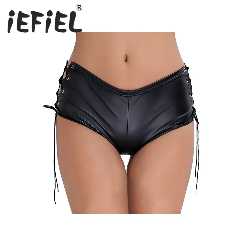 

iEFiEL Sexy Black Women Patent Leather Lace Up Bandage Performance Hot Shorts Clubwear for Party Dance Club Nightclub Shorts