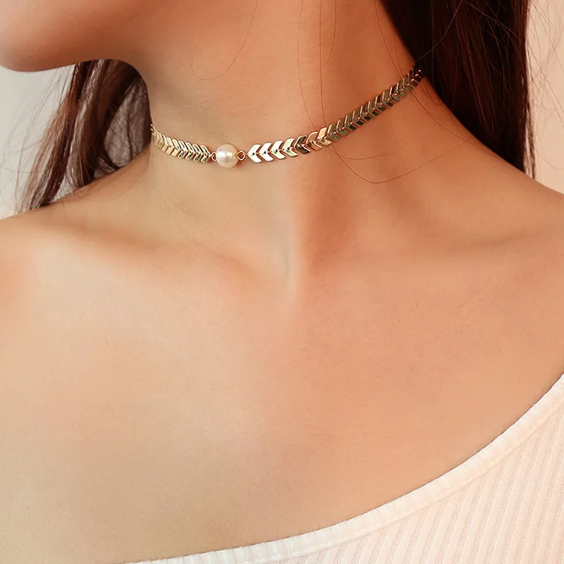 

Fashion Pearl Chokers Necklaces Tattoo Clavicle Collares Women Jewelry Leaf Fish bone Triangle Chain Arrows Minimalist 5N780