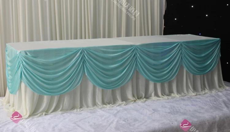 Customzied Size White Ice Silk Table Skirt with Swag Table Skirt for Wedding Decoration
