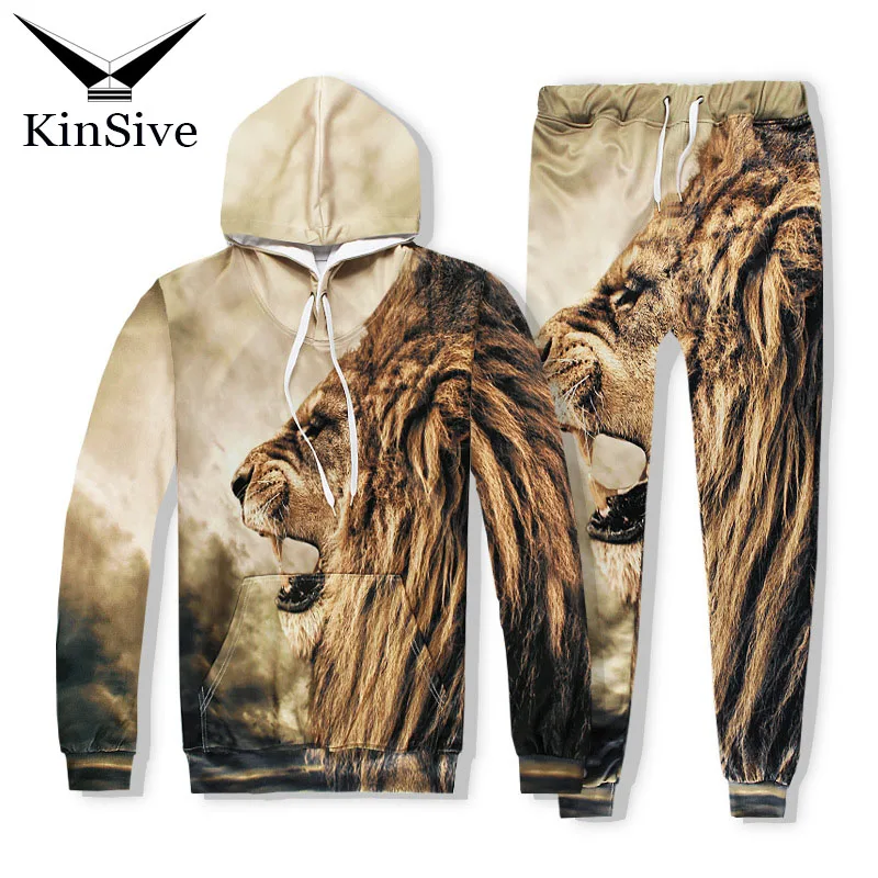 

Men Clothing Set 2018 Fashion Lion Print 3D Hoodies Pants Tracksuit Men Two Piece Set Hooded Sweatshirt Male Hip Hop Track Suit