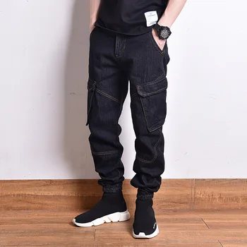 

Japanese Style Fashion Men Jeans Vintage Black Loose Fit Big Pocket Denim Cargo Pants Homme Streetwear Hip Hop Joggers Jeans Men
